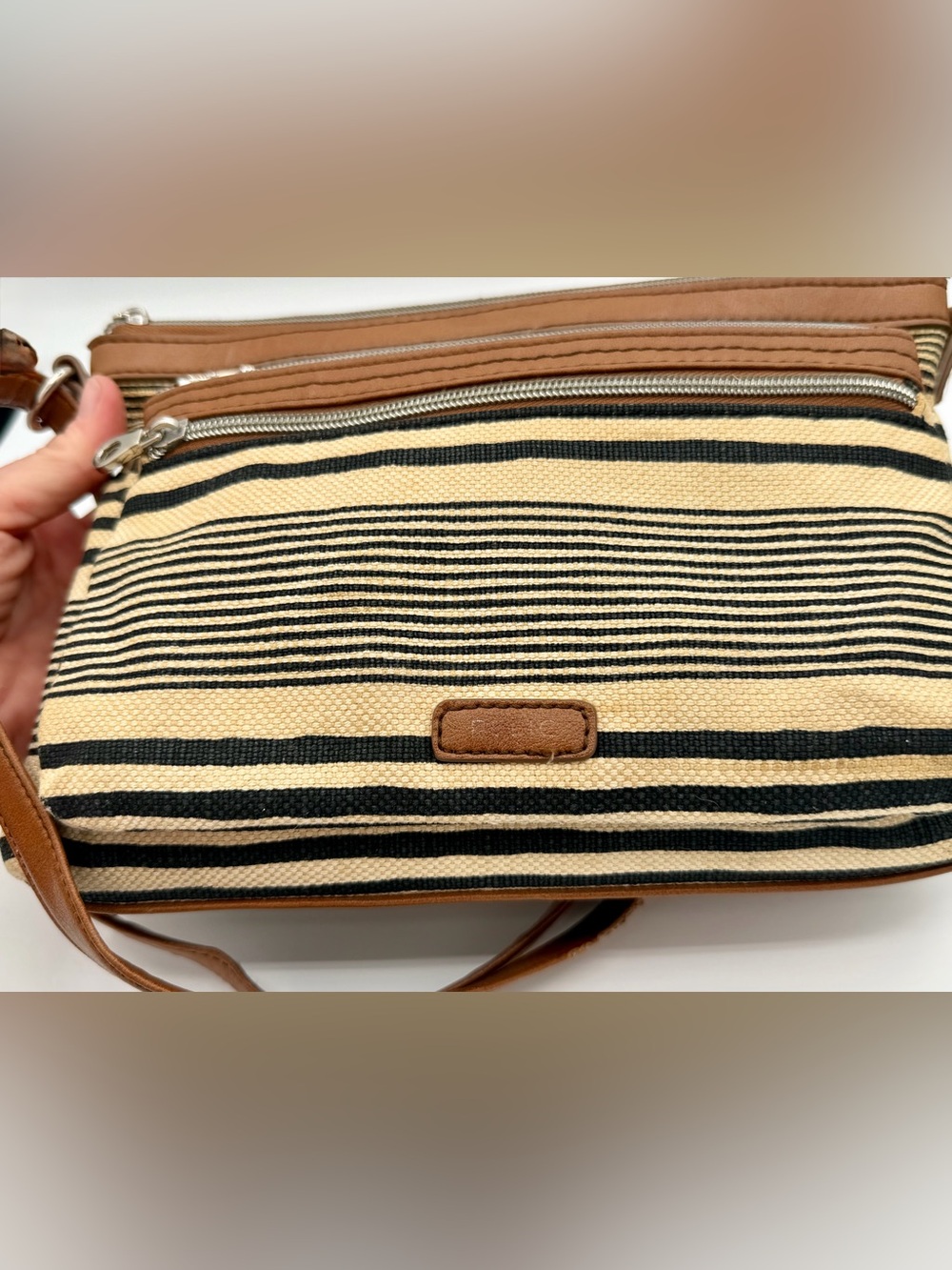 Relic Striped Canvas Crossbody Bag Tan Faux Leather Trim Multi Pocket Boho Purse - Picture 5 of 16